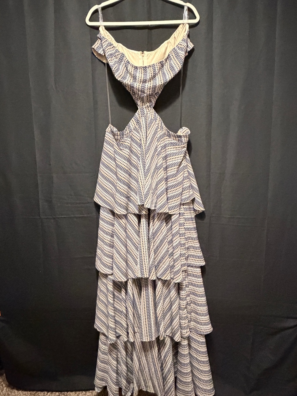 Blue and Tan Tiered Maxi Dress with Cutout